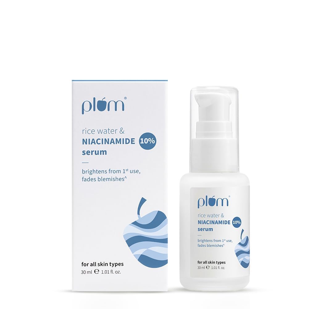 Plum 10% Niacinamide Serum with Rice Water | Provides Clear, Glowing & Brightening Skin | for Acne-Prone, Combination, Oily & Sensitive Skin | Oil Control & Anti-Acne Face Serum for Women & Men | 30ml