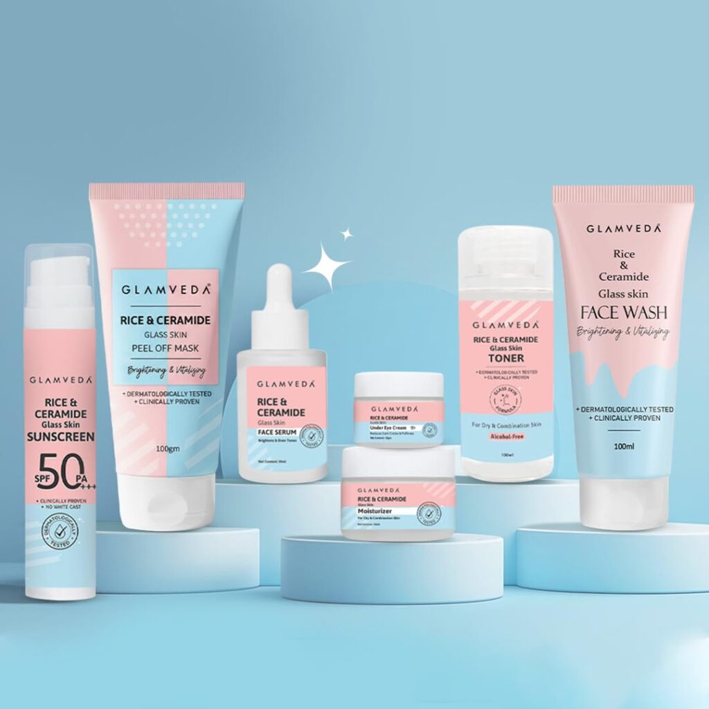 Glamveda Korean 7 Step Skincare Kit for Women | Rice & Ceramide Routine | Gift Box | Skin Brightening, Anti-Ageing | Face Wash + Toner + Moisturizer + Serum + Mask + Sunscreen+ Under Eye Cream