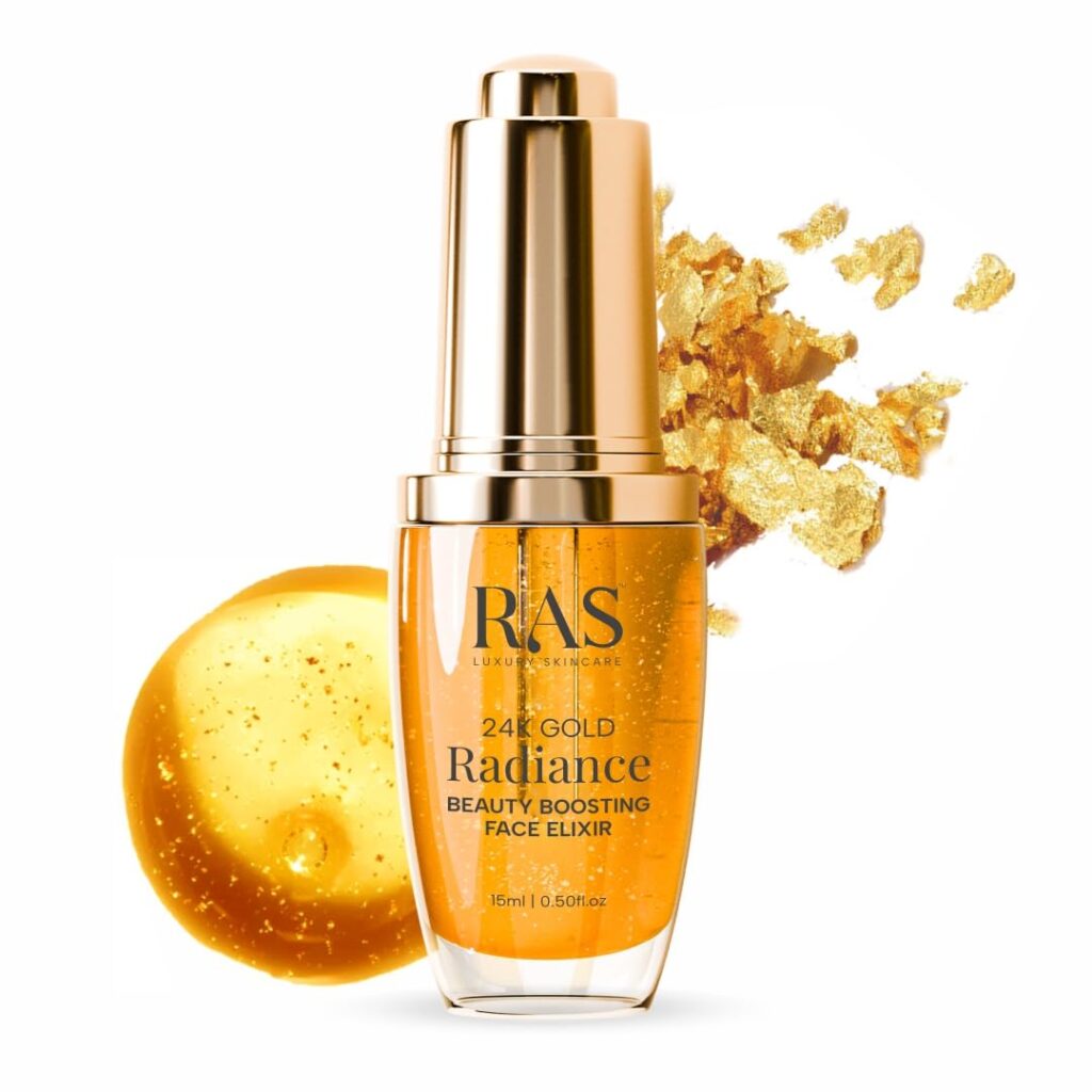 RAS Luxury Oils 24K Gold Radiance Elixir Face Serum for Glowing Skin, Skin Brightening, Reduce Wrinkles, Acne, Dark Spots, Natural & Organic