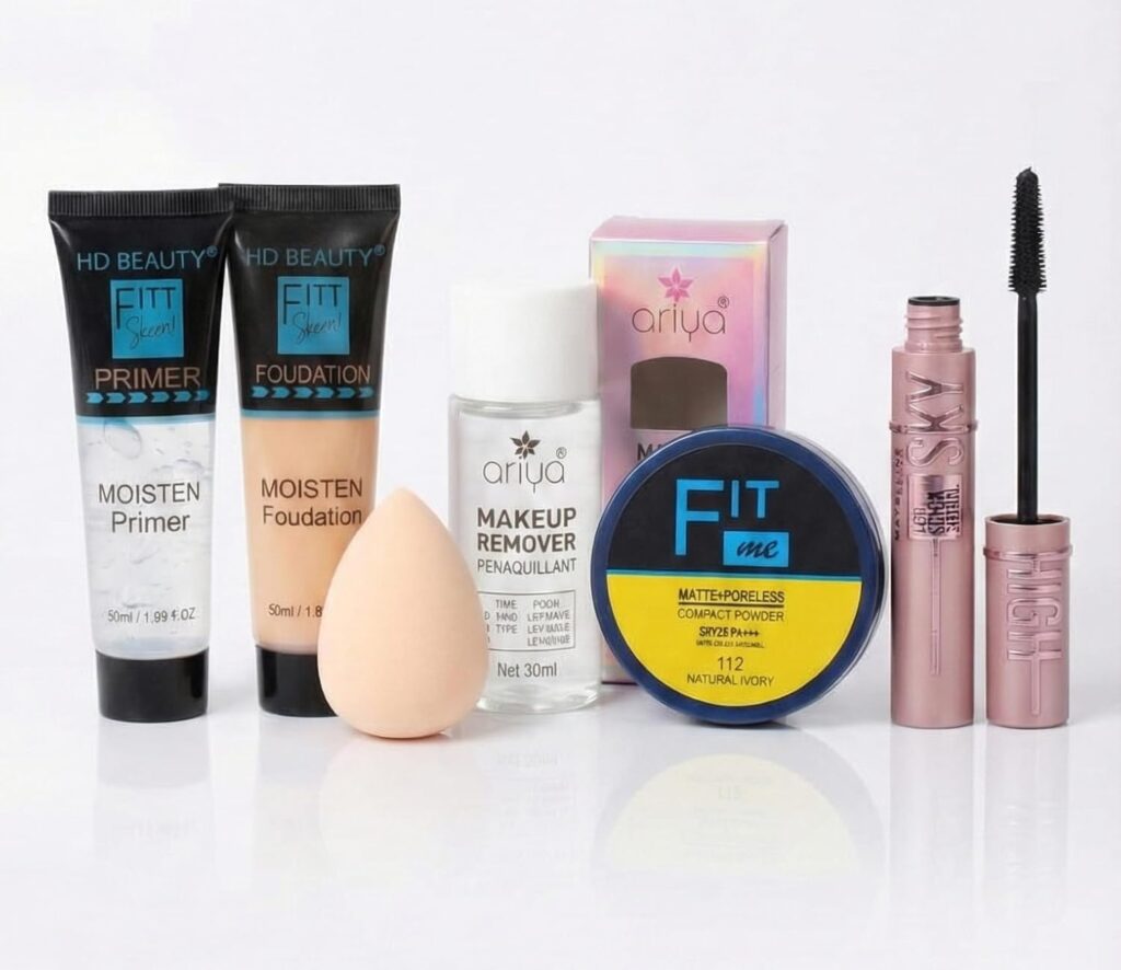 All-in-One Makeup Combo Kit: HD Foundation, Gel Primer, Matte Compact Powder, Waterproof Mascara, Makeup Remover & Beauty Blender - 6 Piece Complete Face Makeup Set for Women & Girls