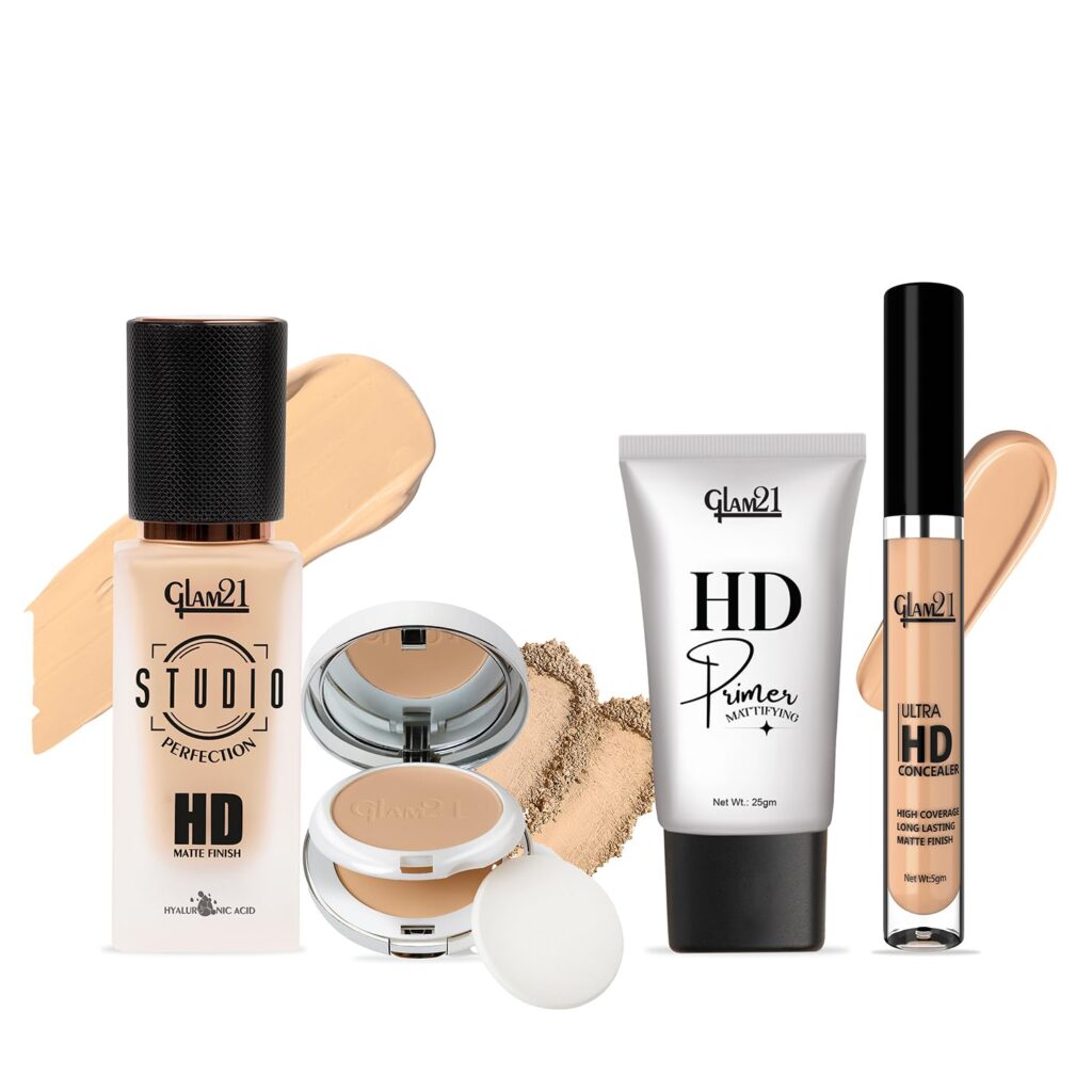 Glam21 4-in-1 Makeup Kit | Primer, HD Matte Foundation - Warm Beige-03 2 in 1 HD Compact Powder- Ivory-03 & HD Concealer -Sand-04 | Full Coverage, Long-Lasting Wear & Waterproof | Smooth, Lightweight & Buildable Coverage for Daily Face Makeup Combo (MAKEUPCOMBO-240)