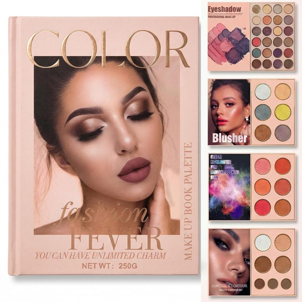 4-in-1 Makeup Book Palette All in One - Eyeshadow Palette, Highlighter Makeup, Blusher Contour, Bronzer Powder - Professional Cosmetic Kit for a Flawless Look For Women